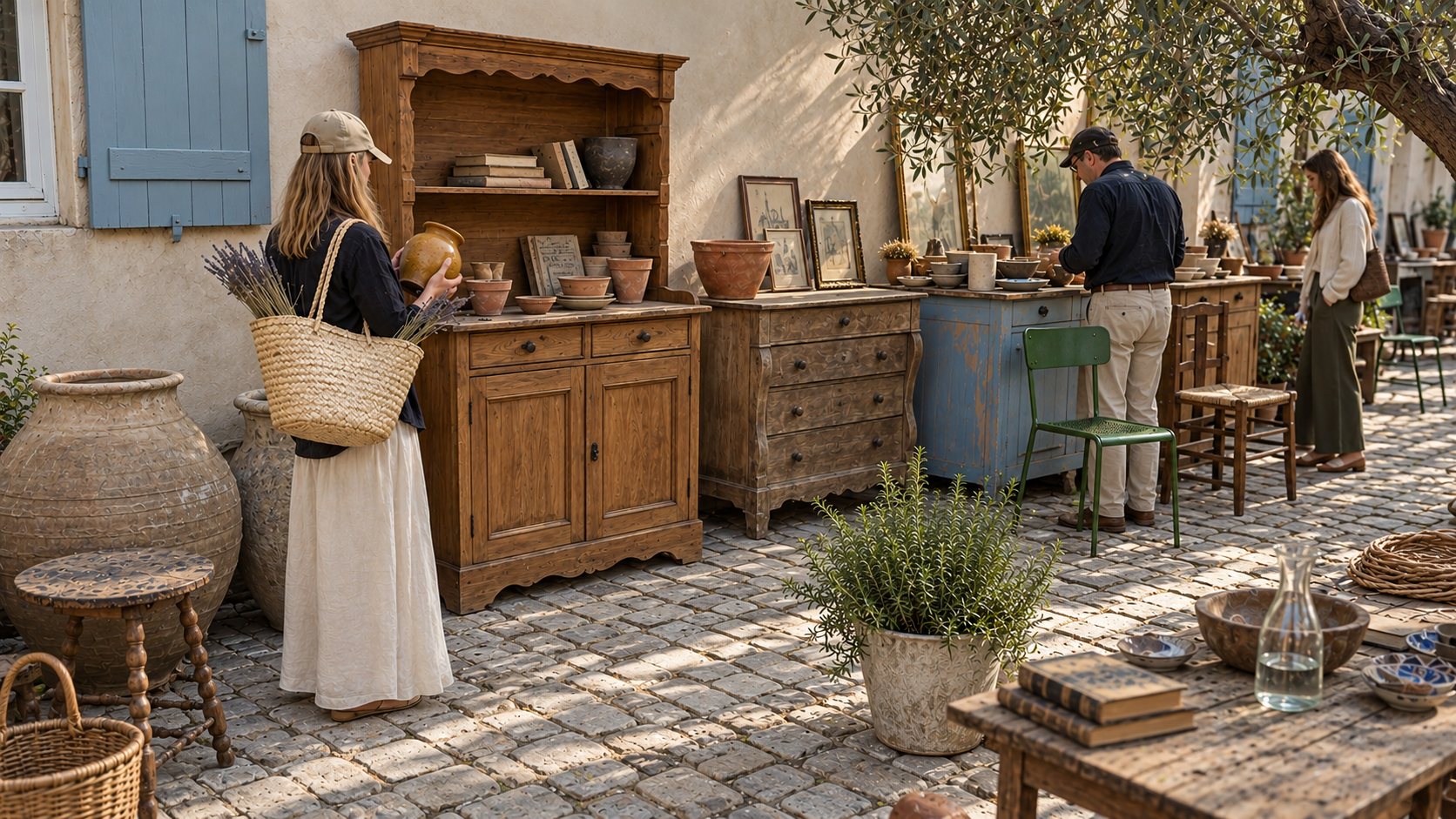 A courtyard sale of antiques and pottery on cobblestones, with shoppers browsing